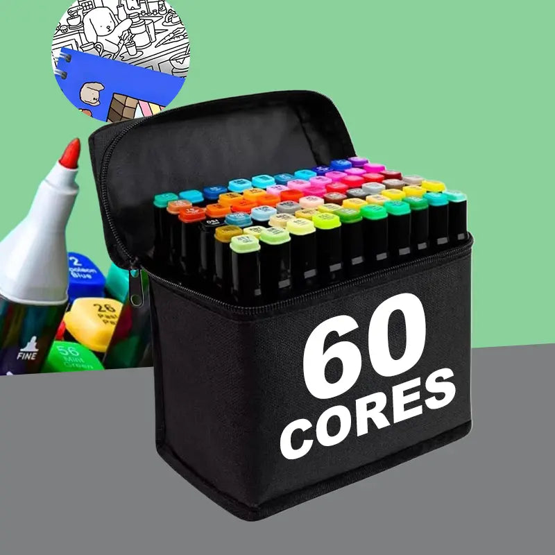 Jogo de Canetas Ponta Dupla 60 CORES